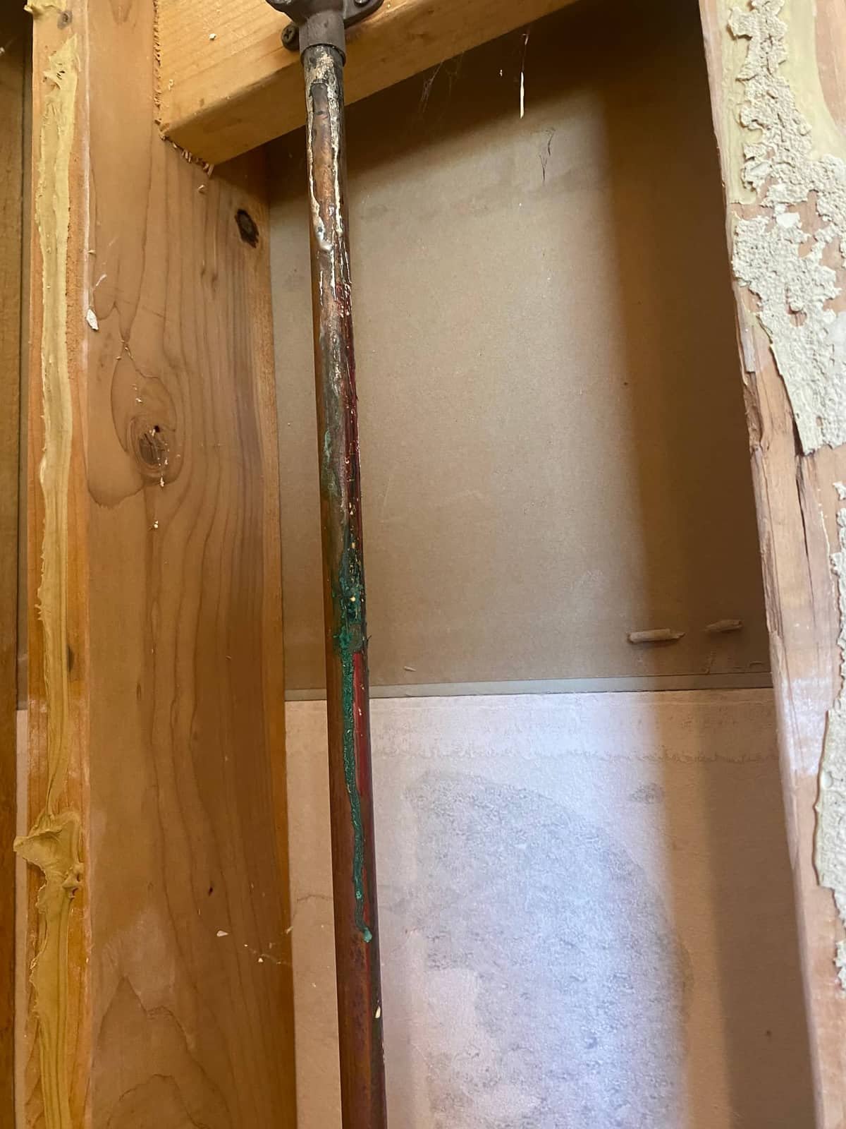 Corroded copper supply pipe with visible patina, another common repipe driver